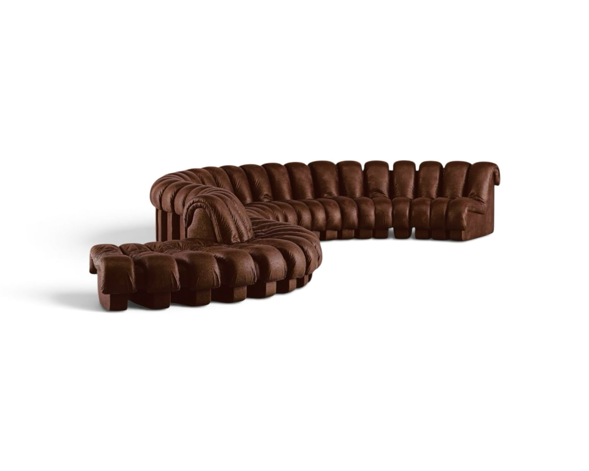 Ds-600 Inspired curved sofa in a rich chocolate leather upholstery | Nue Modern