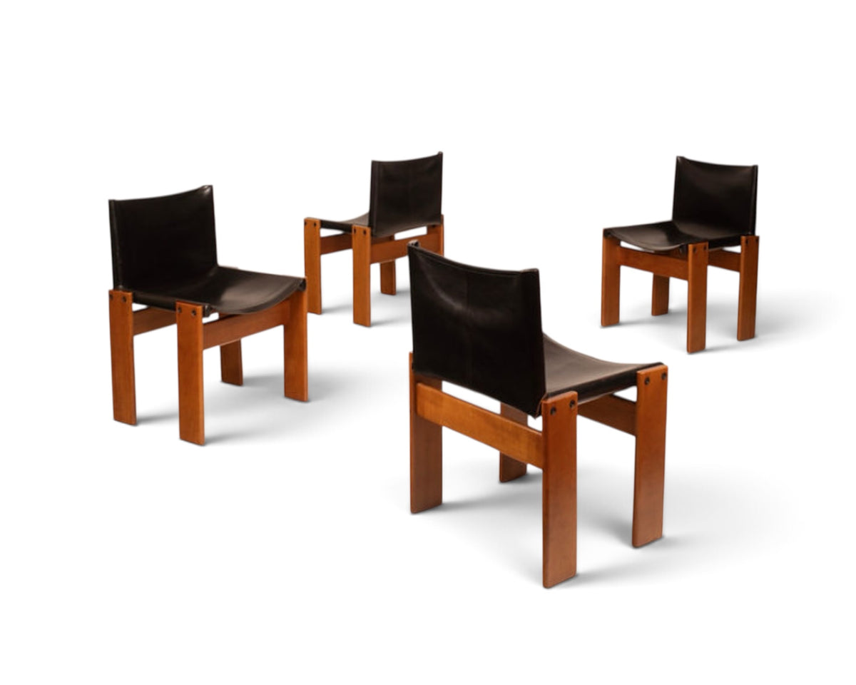 Group of four Afra & Tobia Scarpa inspired "Monk" Dining Chair in black leather upholstery and walnut wooden base | Nue Modern 