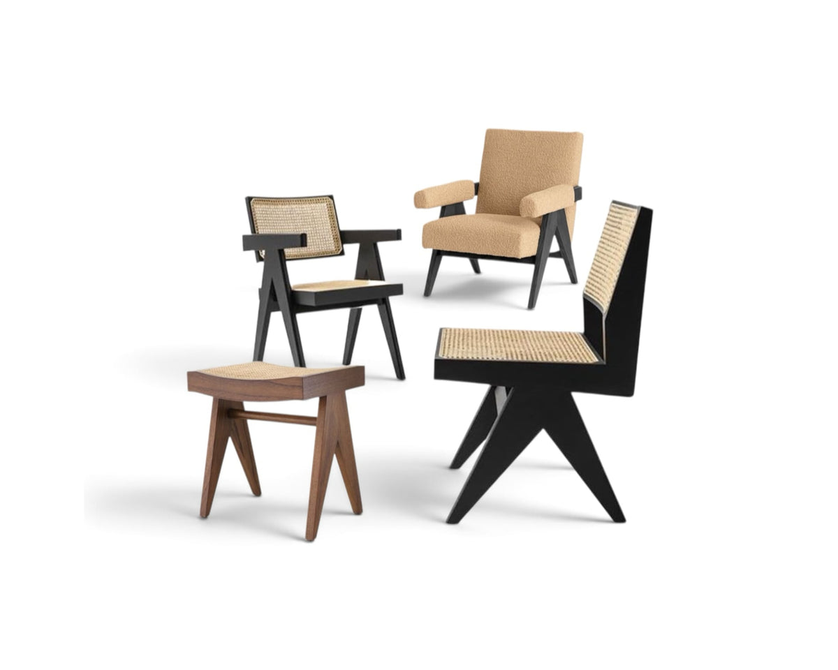 Collection of Pierre Jeanneret's Chandigarh pieces. Capitol Armchair, Jeanneret stool and chairs