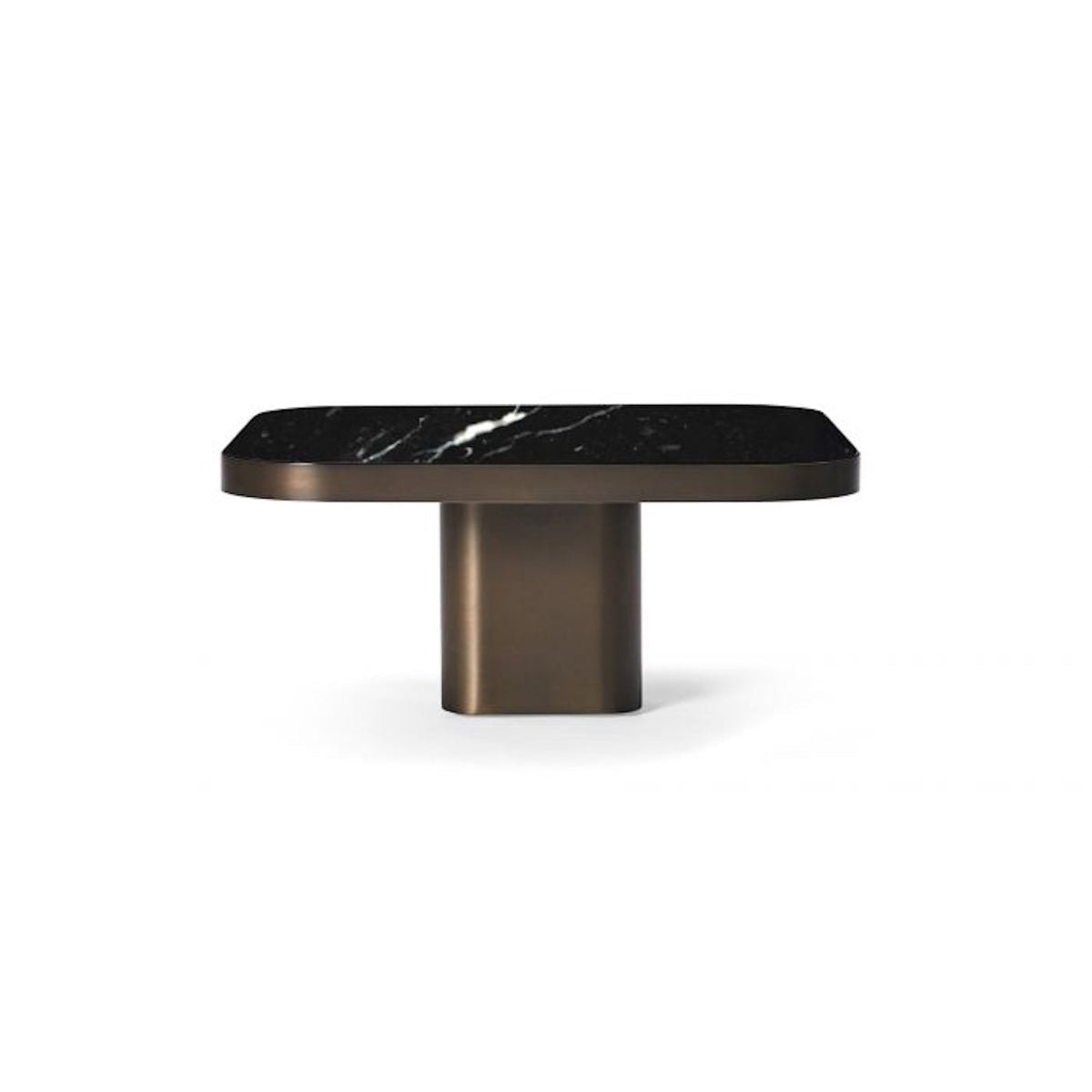 Bow Coffee Table in bronze - warm metallic finish beneath a dark tabletop