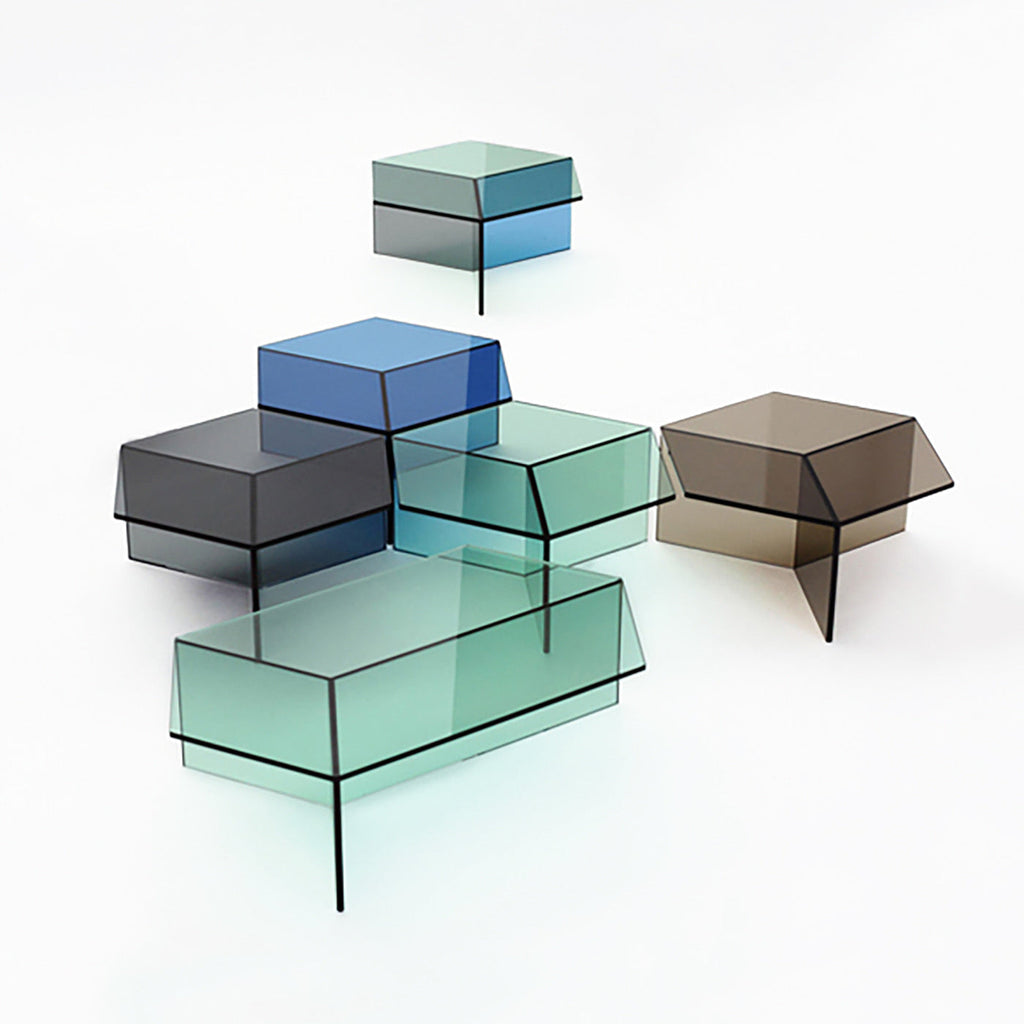 Isom Square Coffee Table - isometric glass coffee table with overlapping tinted panels