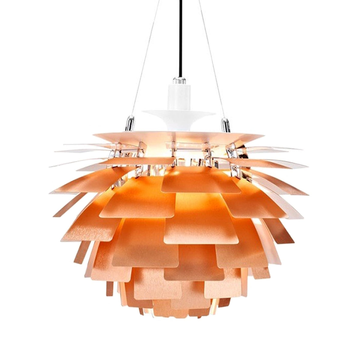Artichoke Lamp in copper, switched on - warm glare-free light between the leaves