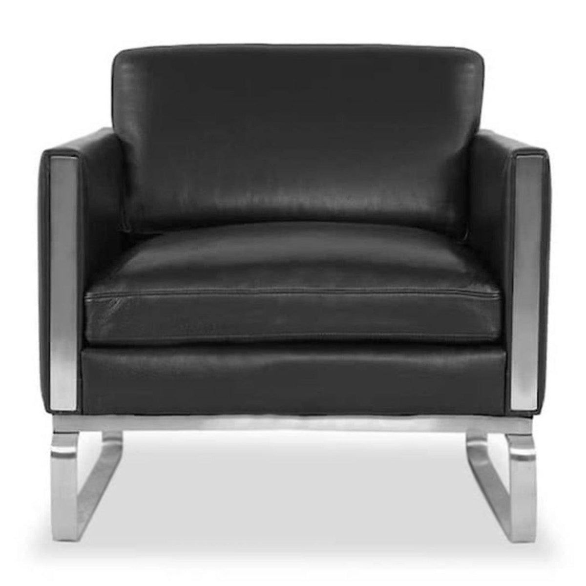 CH101 Armchair in black leather and chrome base views from the front | Nue Modern