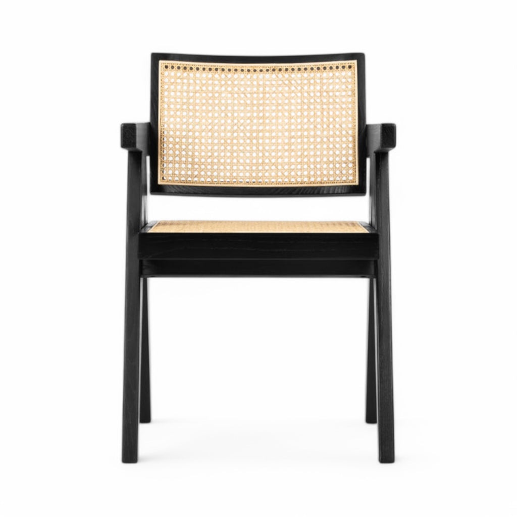 Capitol Dining Armchair in black - V-shaped compass legs and woven cane