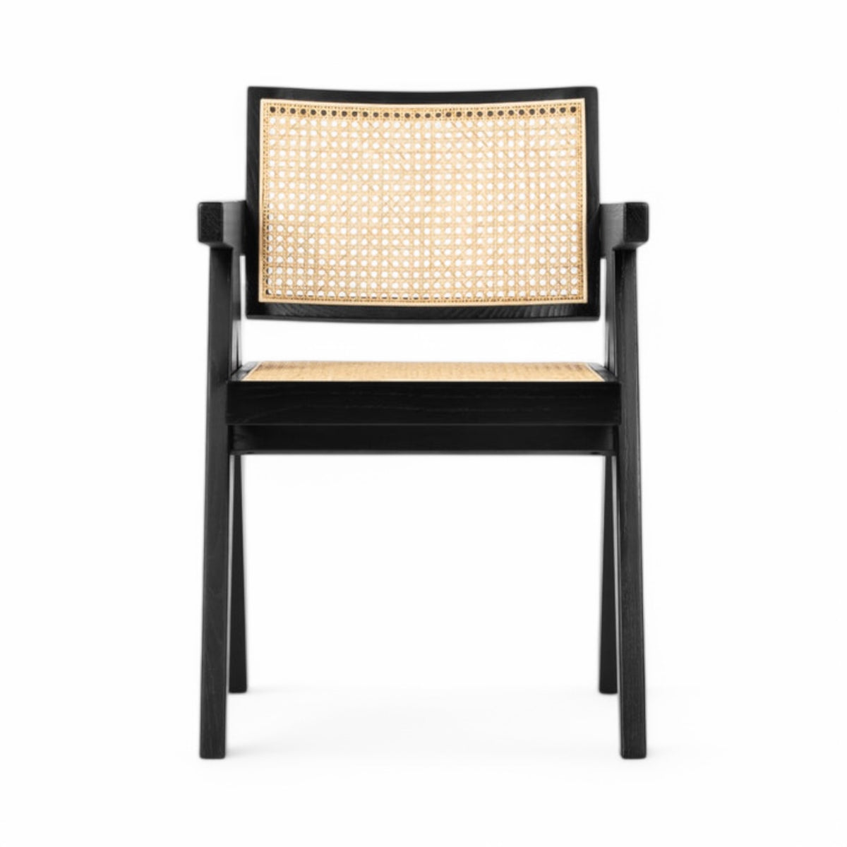 Capitol Dining Armchair in black - V-shaped compass legs and woven cane