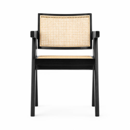 Capitol Dining Armchair in black - V-shaped compass legs and woven cane