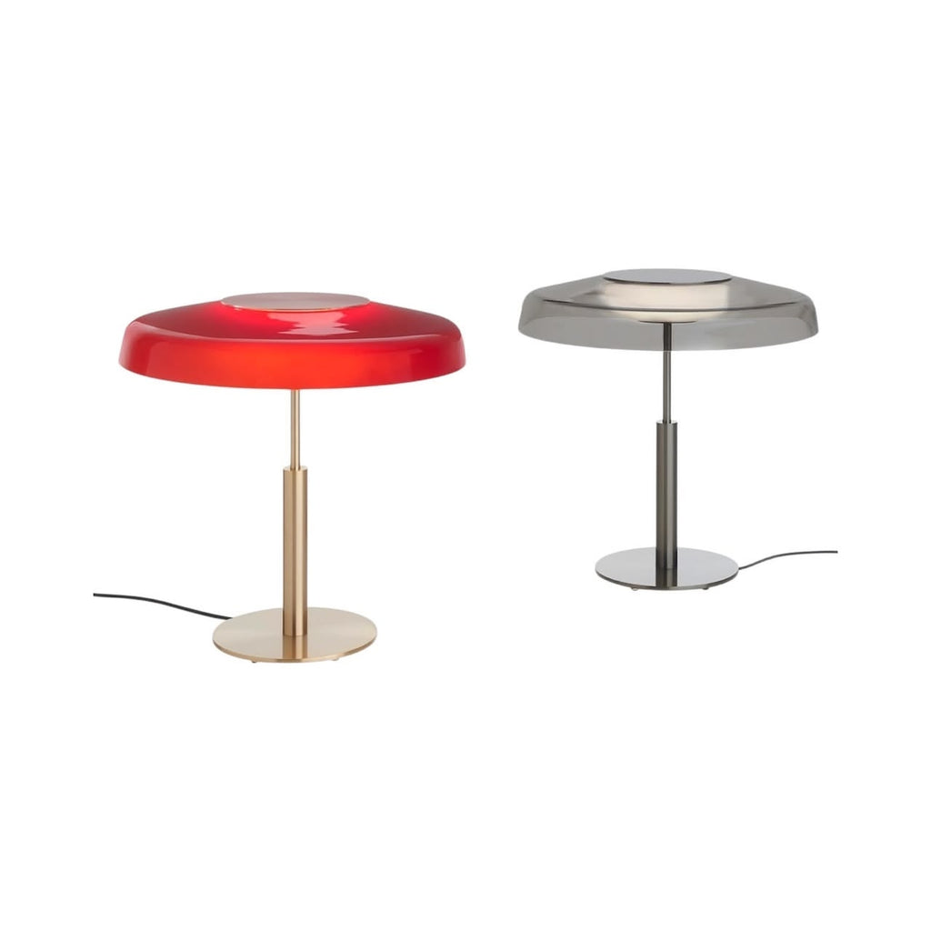 Pair of Dora table lamps in red with brass base and Smokey with silver base