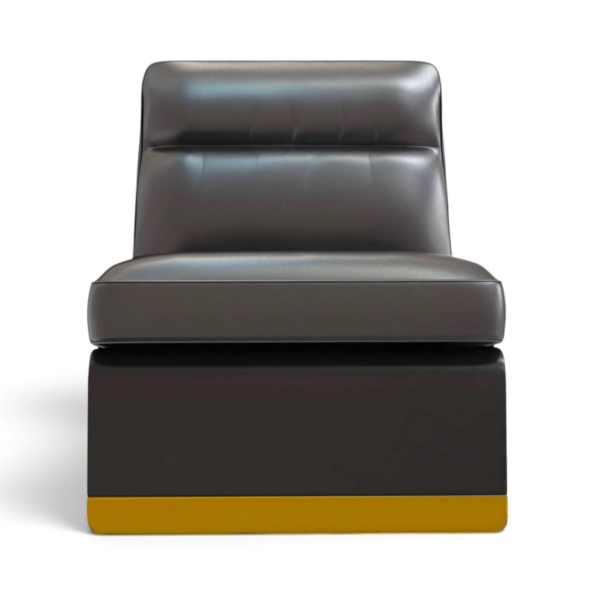 A modern low-profile lounge chair with a dark gray leather seat and backrest, supported by a dark base with a mustard yellow bottom trim, shown against a plain white background.