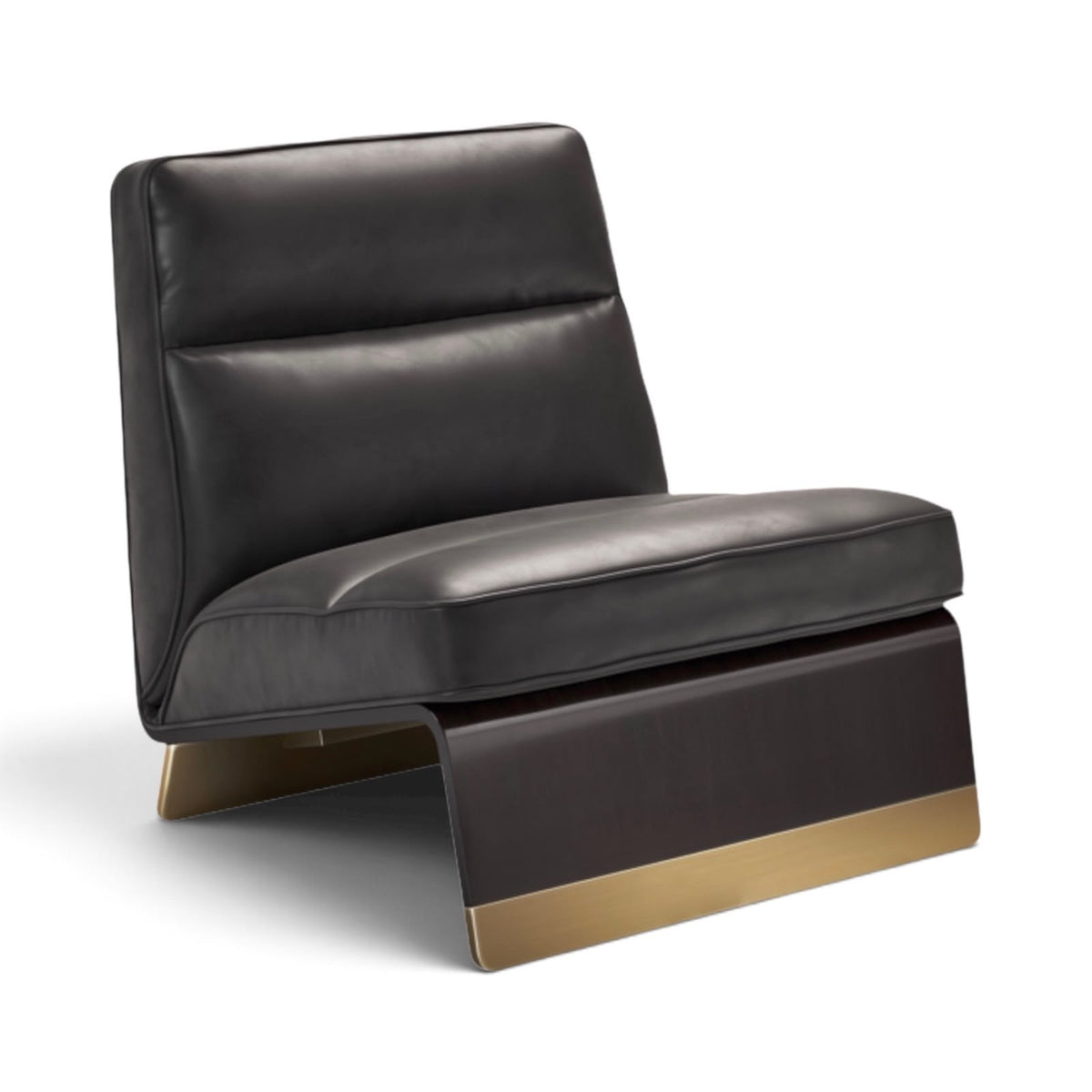 A modern accent chair with black leather upholstery, a low-profile seat, and a sculptural base featuring a brushed gold metal front trim and gold-toned legs, shown on a white background.