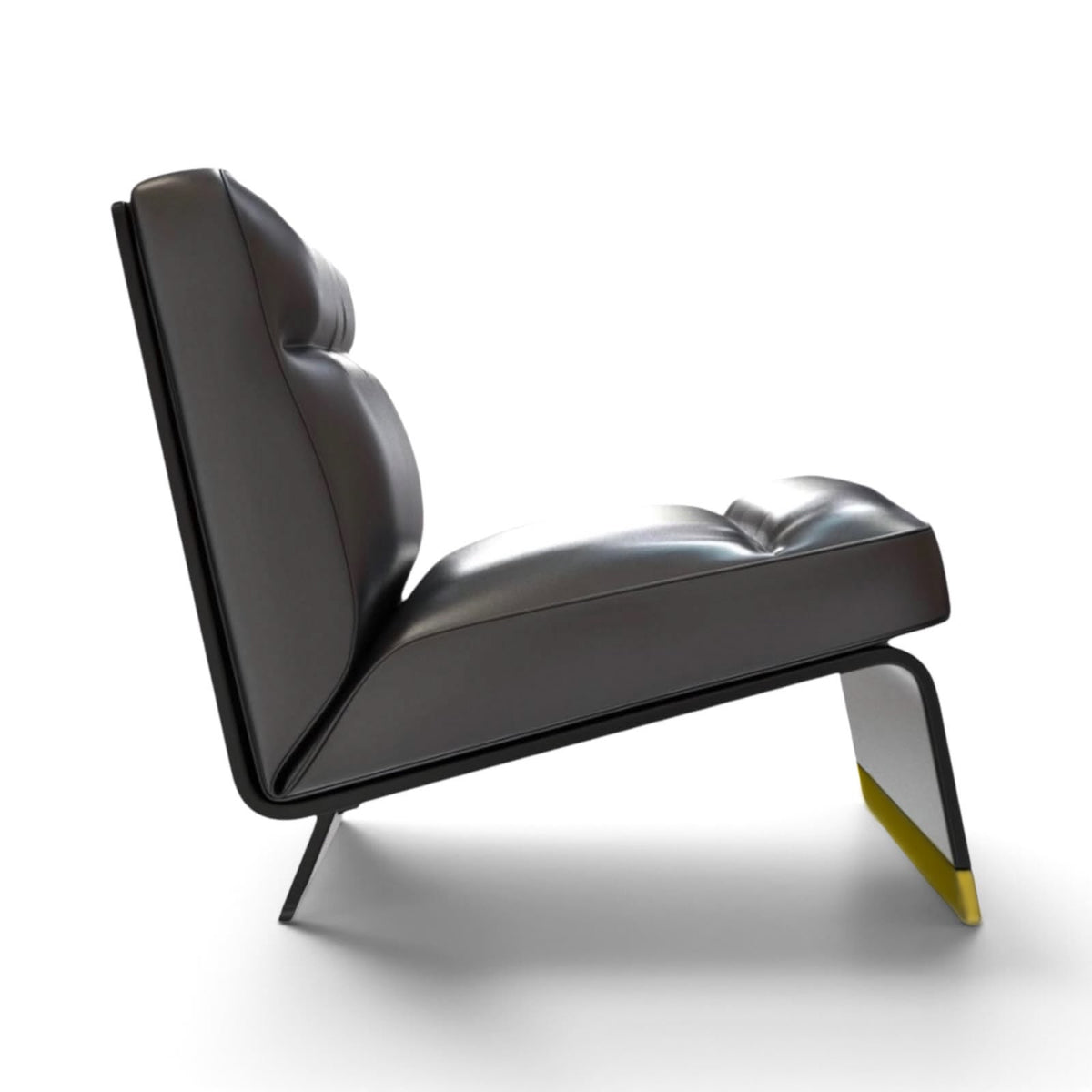A modern lounge chair with dark gray leather upholstery and a sculptural black metal frame, featuring a yellow accent on the lower leg, shown against a plain white background.