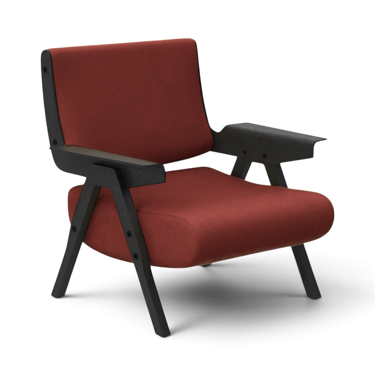 Three-quarter view of the Gianfranco Frattini Inspired Lina Armchair in red velvet with black wooden frame | Nue Modern