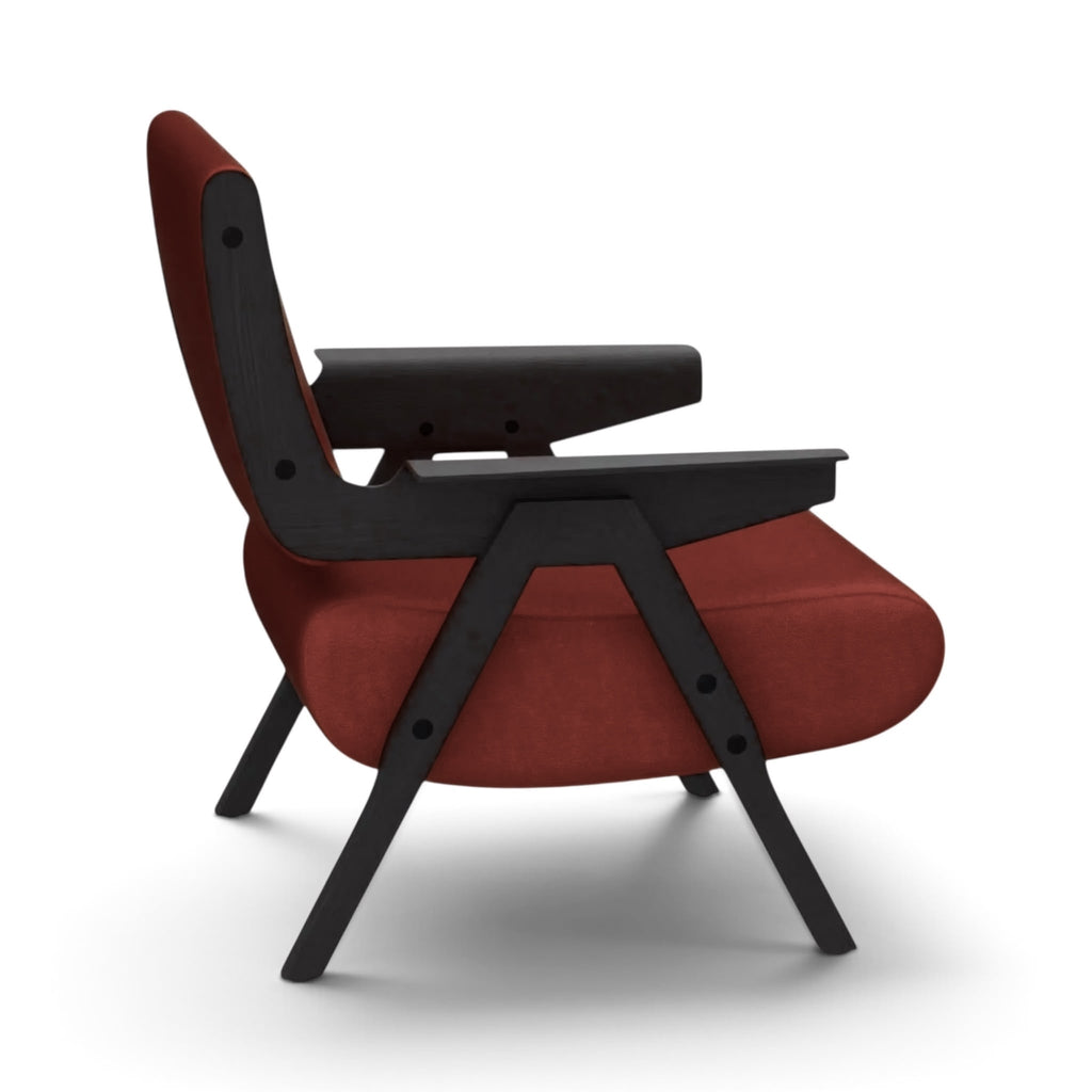 Side view of the Lina Armchair in red velvet with black wooden frame | Nue Modern