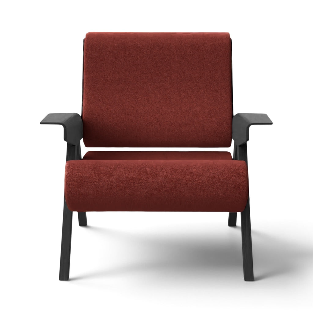 Front view of the Gianfranco Frattini Inspired Lina Armchair in red velvet with black wooden frame | Nue Modern