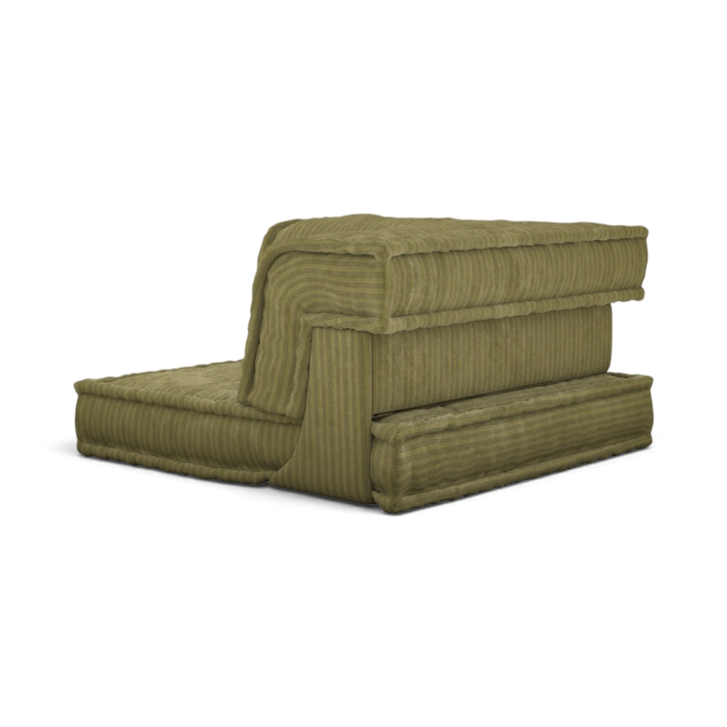 Mah Jong in olive green corduroy floor modular sofa seat with a high backrest, shown on a plain white background.