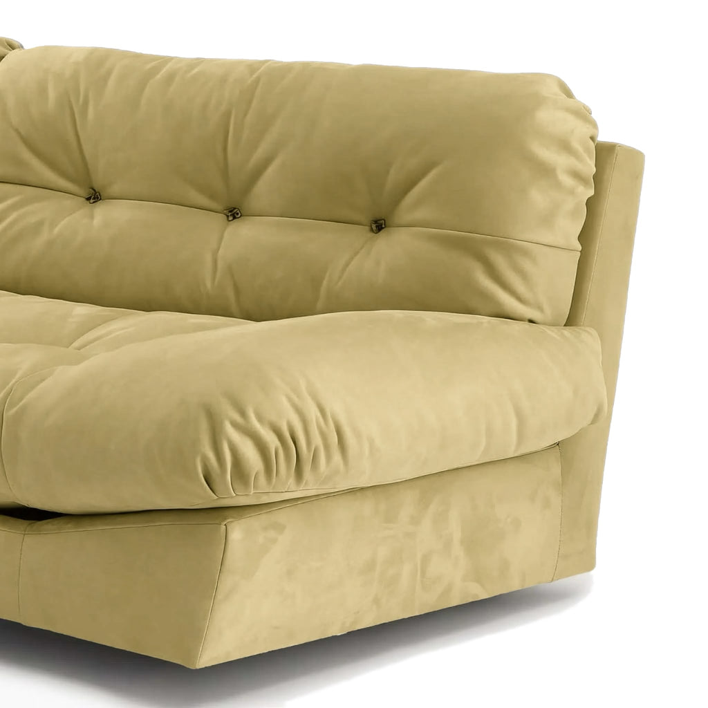 Milano Sofa - close-up of button-tufted backrest in light olive-beige