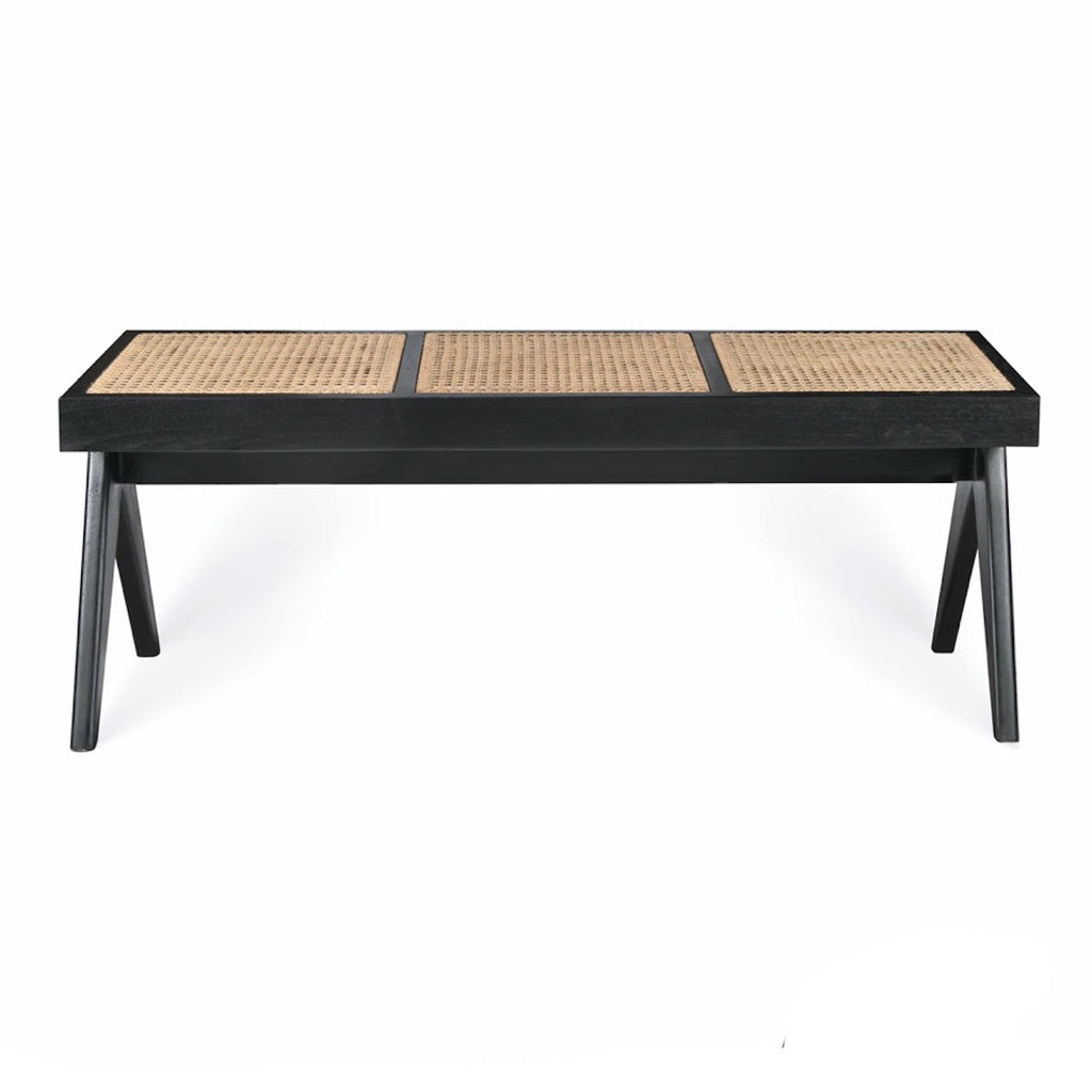 Pierre Jeanneret Bench in black - woven cane seat on angled legs