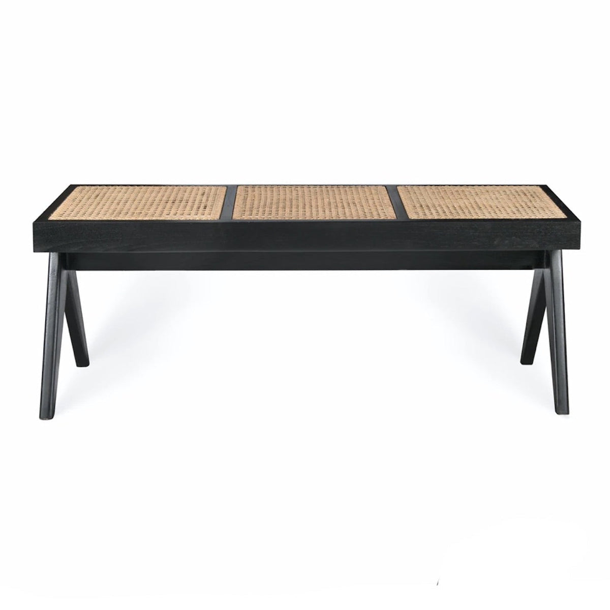 Pierre Jeanneret Bench in black - woven cane seat on angled legs