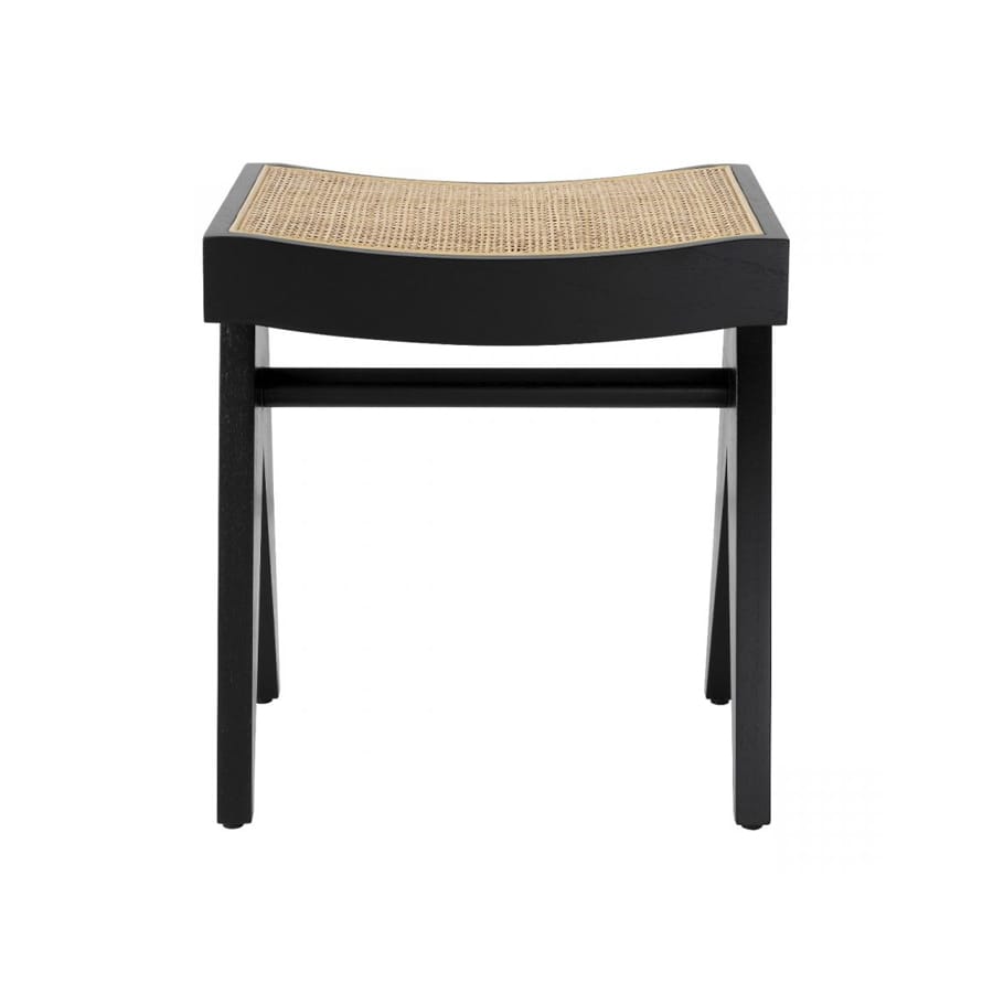 Pierre Jeanneret Stool in black - front view of the cane seat