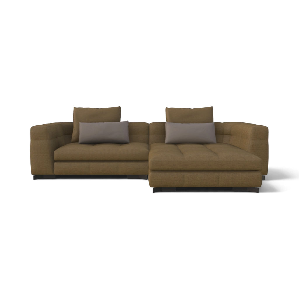 Portman 2-Seater Sofa with Large Chaise in brown - front view with grey cushions