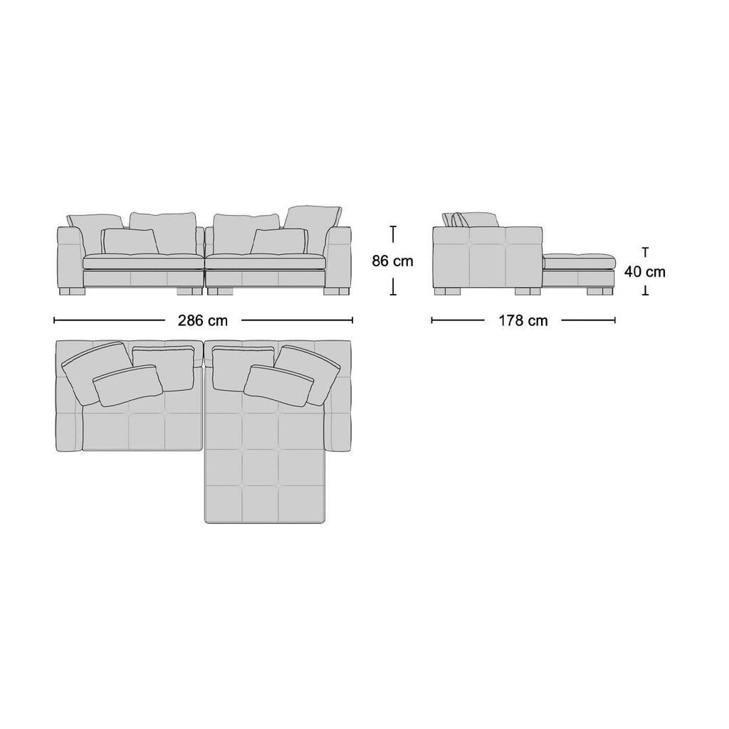 Portman 2-Seater Sofa with Large Chaise Dimensions