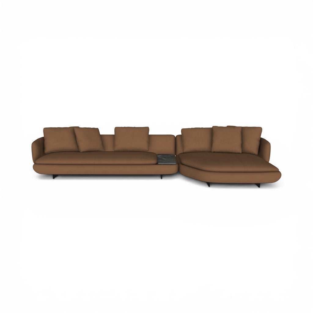 Front view of the Ralph 3-Seater Sofa With Chaise and integrated Table upholstered in mocha colour fabric | Nue Modern
