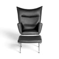 CH445 Wing Chair and ottoman in black leather - front view