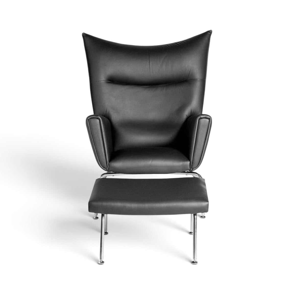 CH445 Wing Chair and ottoman in black leather - front view