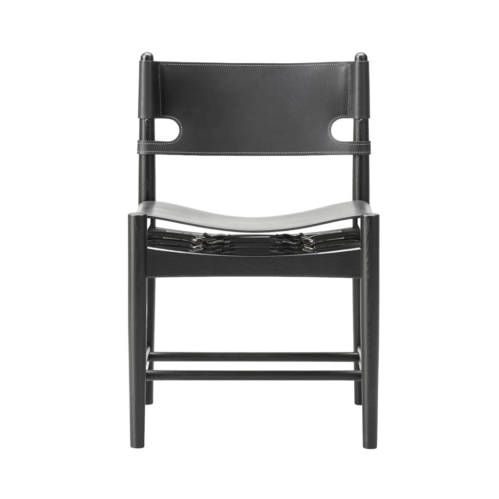Spanish Dining Chair in Black Saddle Leather with Black Wood frame - Front view | Nue Modern
