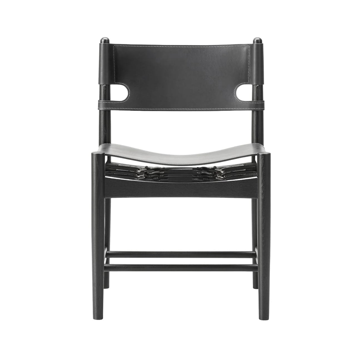 Spanish Dining Chair in Black Saddle Leather with Black Wood frame - Front view | Nue Modern