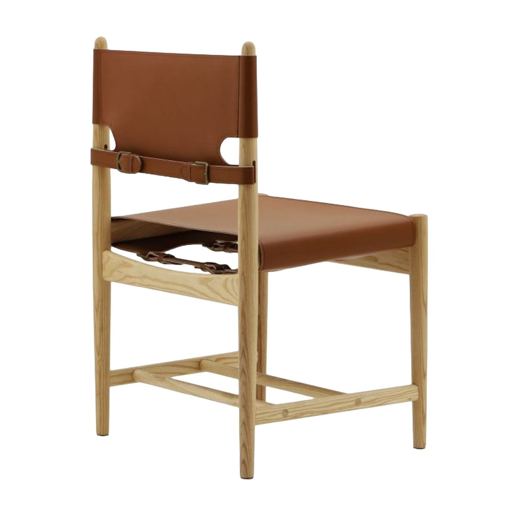 Spanish Dining Chair in Cognac Saddle Leather with Natural Ash Wood frame - Three-Quarter back view | Nue Modern