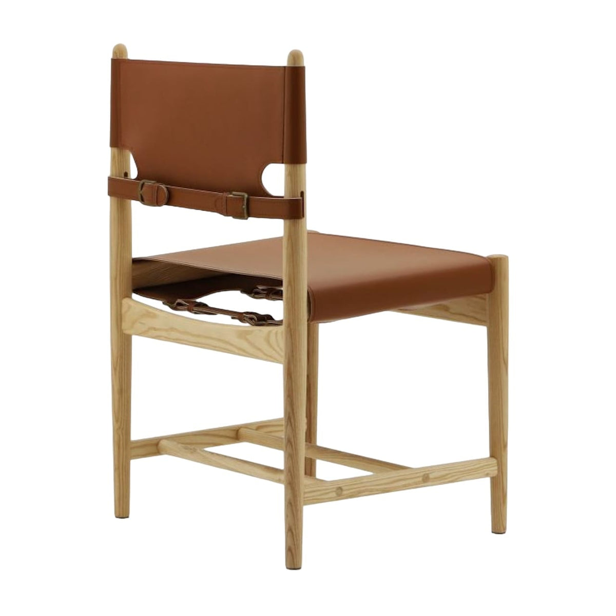 Spanish Dining Chair in Cognac Saddle Leather with Natural Ash Wood frame - Three-Quarter back view | Nue Modern