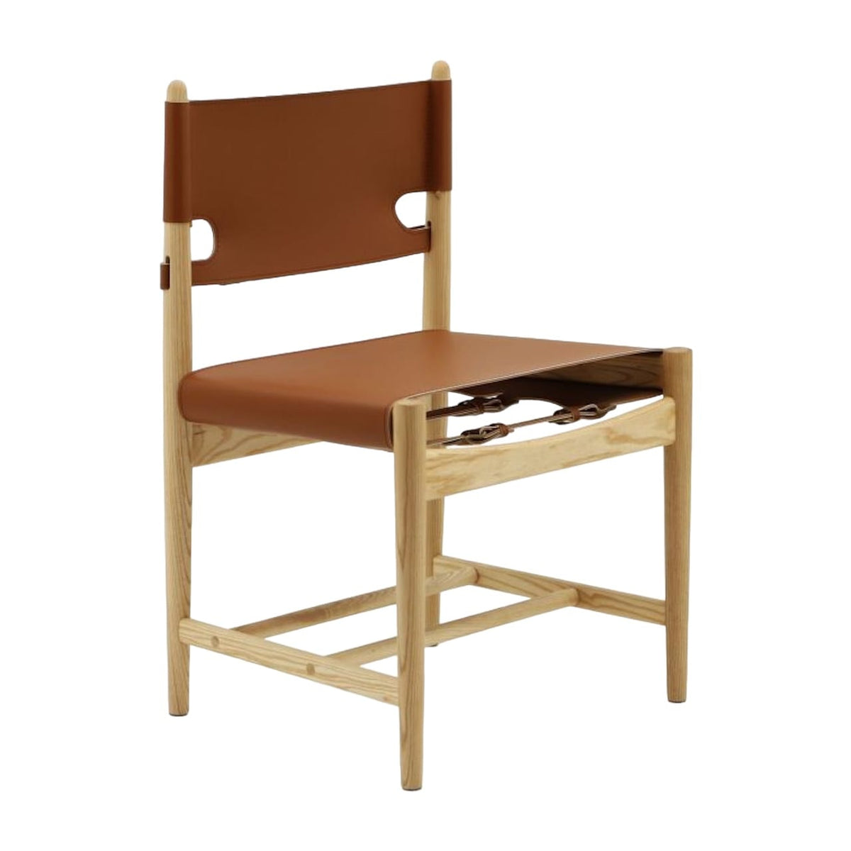 Spanish Dining Chair in Cognac Saddle Leather with Natural Ash Wood frame - Three-Quarter view | Nue Modern