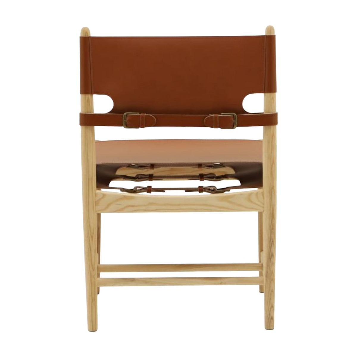 Spanish Dining Chair in Cognac Saddle Leather with Natural Ash Wood frame - back view | Nue Modern