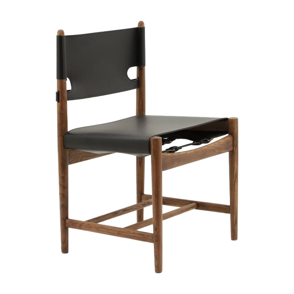 Spanish Dining Chair in Black Saddle Leather with walnut frame - profile view | Nue Modern