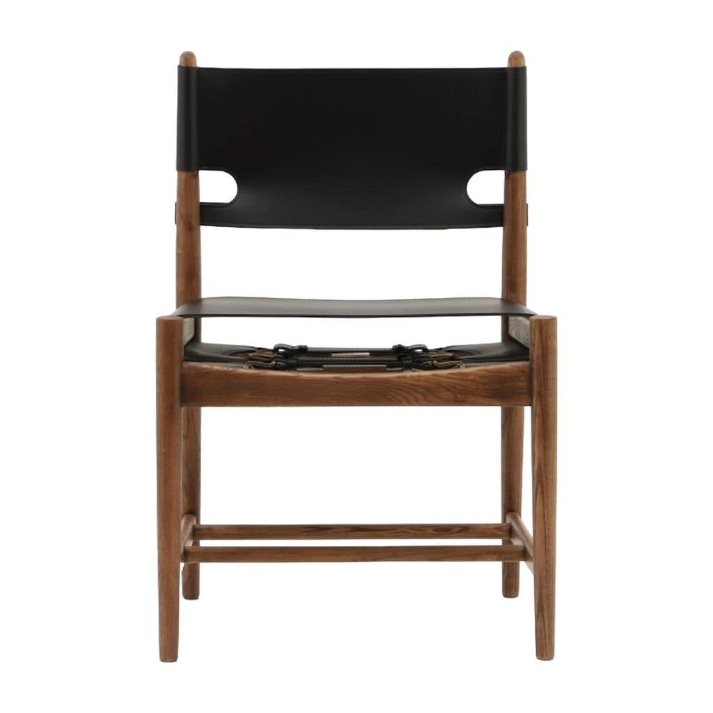 Spanish Dining Chair in Black Saddle Leather with walnut frame - Front View| Nue Modern