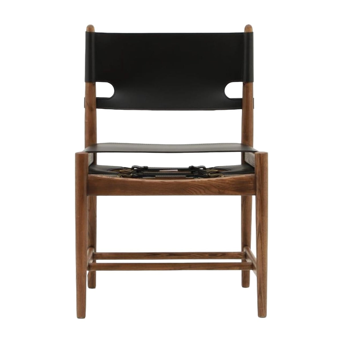 Spanish Dining Chair in Black Saddle Leather with walnut frame - Front View| Nue Modern