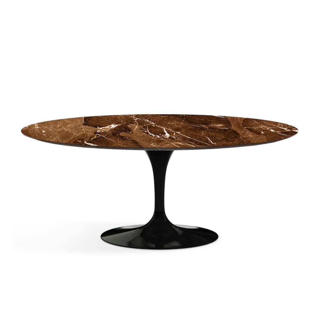 Oval Pedestal Dining Table - Marble Top - oval marble top on a single sculpted trumpet base