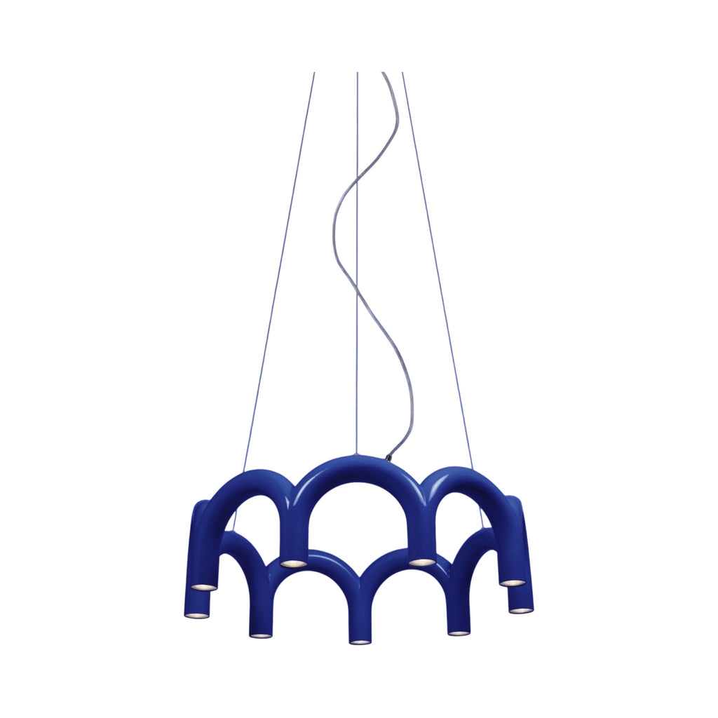 Arch Circle Pendant Lamp in blue - shades set around a circular ceiling frame