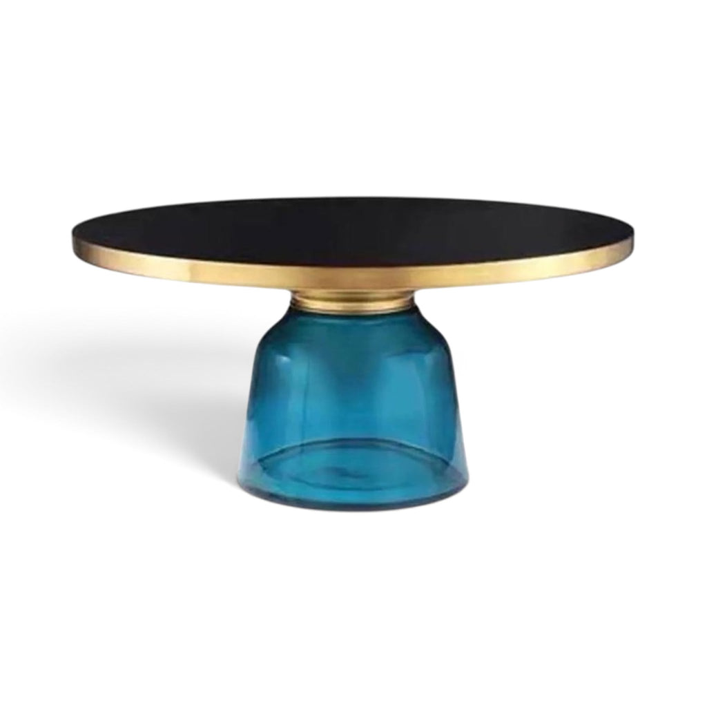 Bell Coffee Table with blue glass base, black top and brushed gold rim