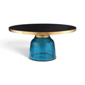 Bell Coffee Table with blue glass base, black top and brushed gold rim