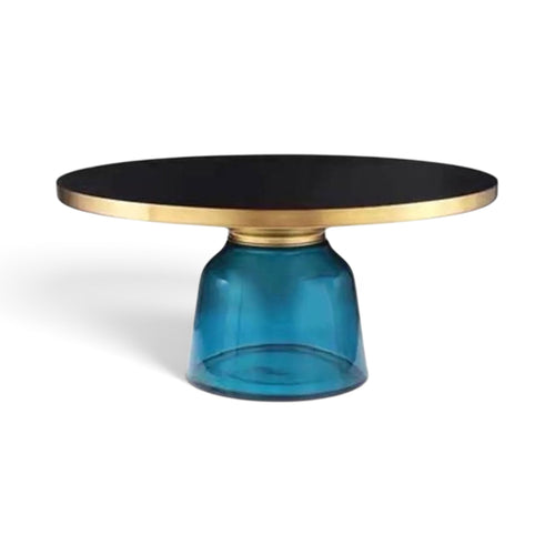 Bell Coffee Table with blue glass base, black top and brushed gold rim
