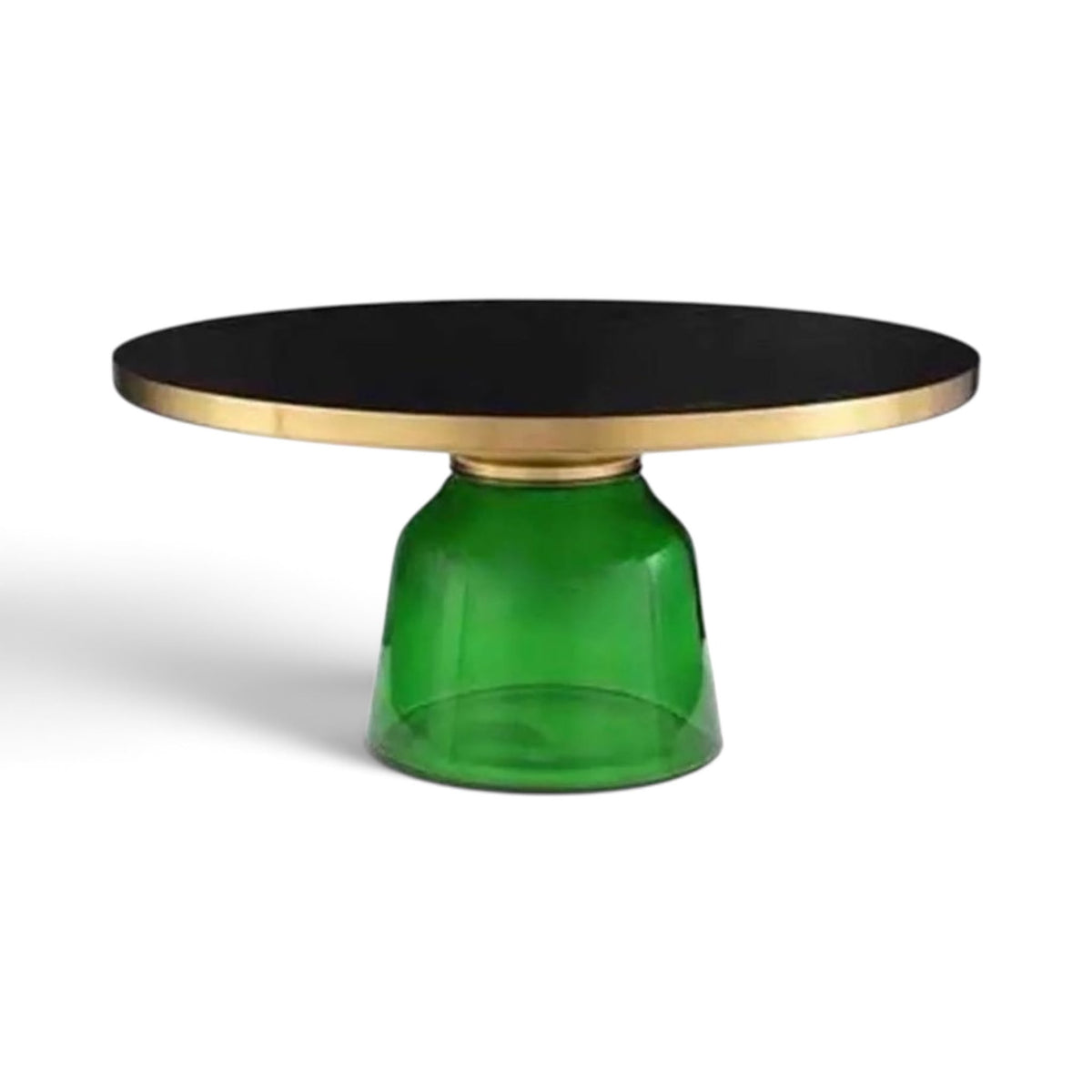 Bell Coffee Table with emerald green glass base, black top and brushed gold rim