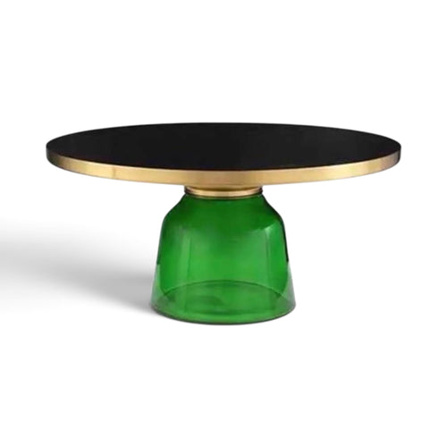 Bell Coffee Table with emerald green glass base, black top and brushed gold rim