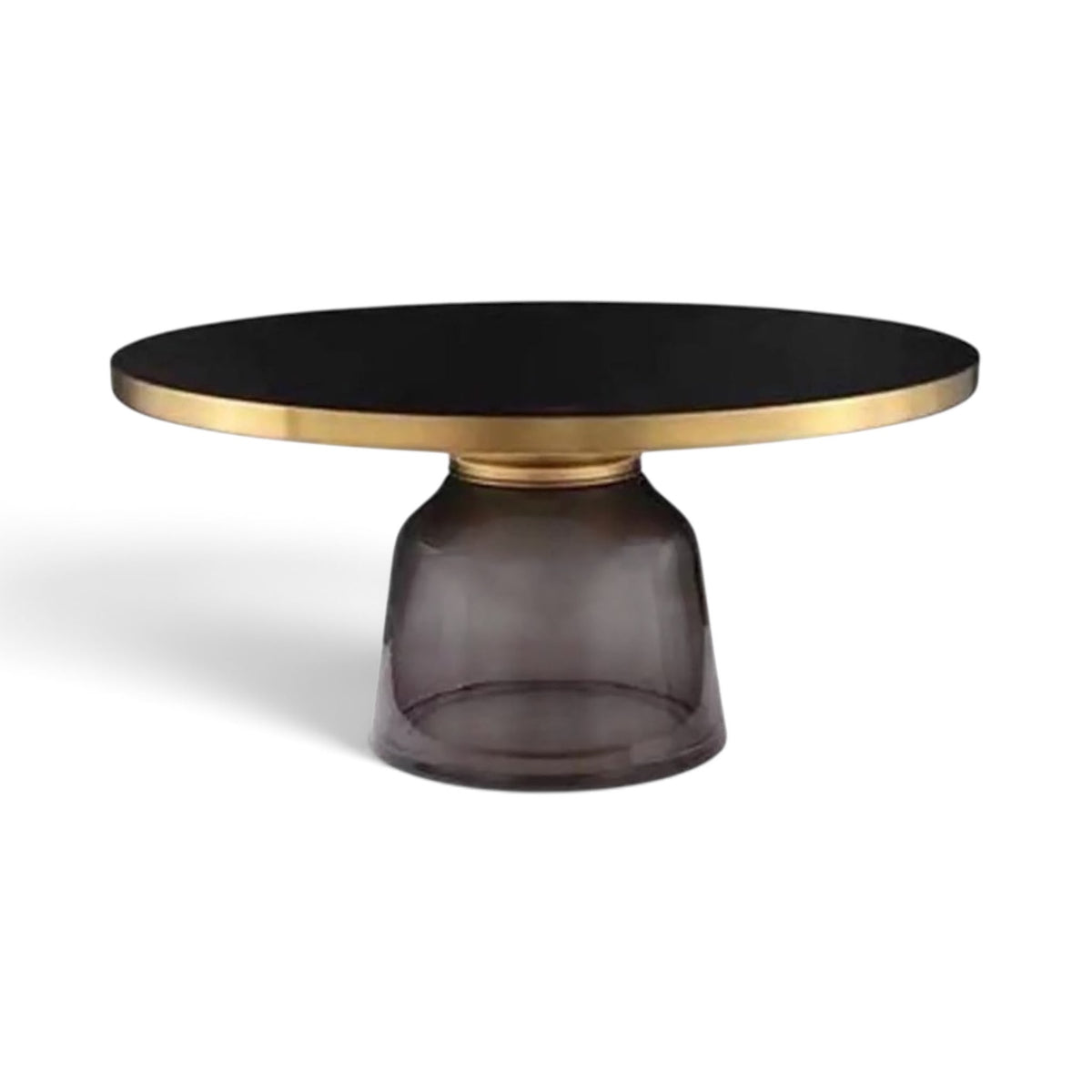 Bell Coffee Table with grey glass base, black top and brushed gold rim