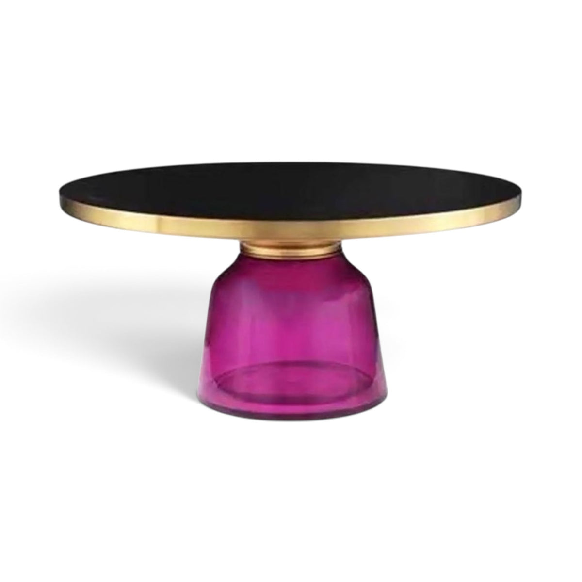 Bell Coffee Table with violet glass base, black top and brushed gold rim