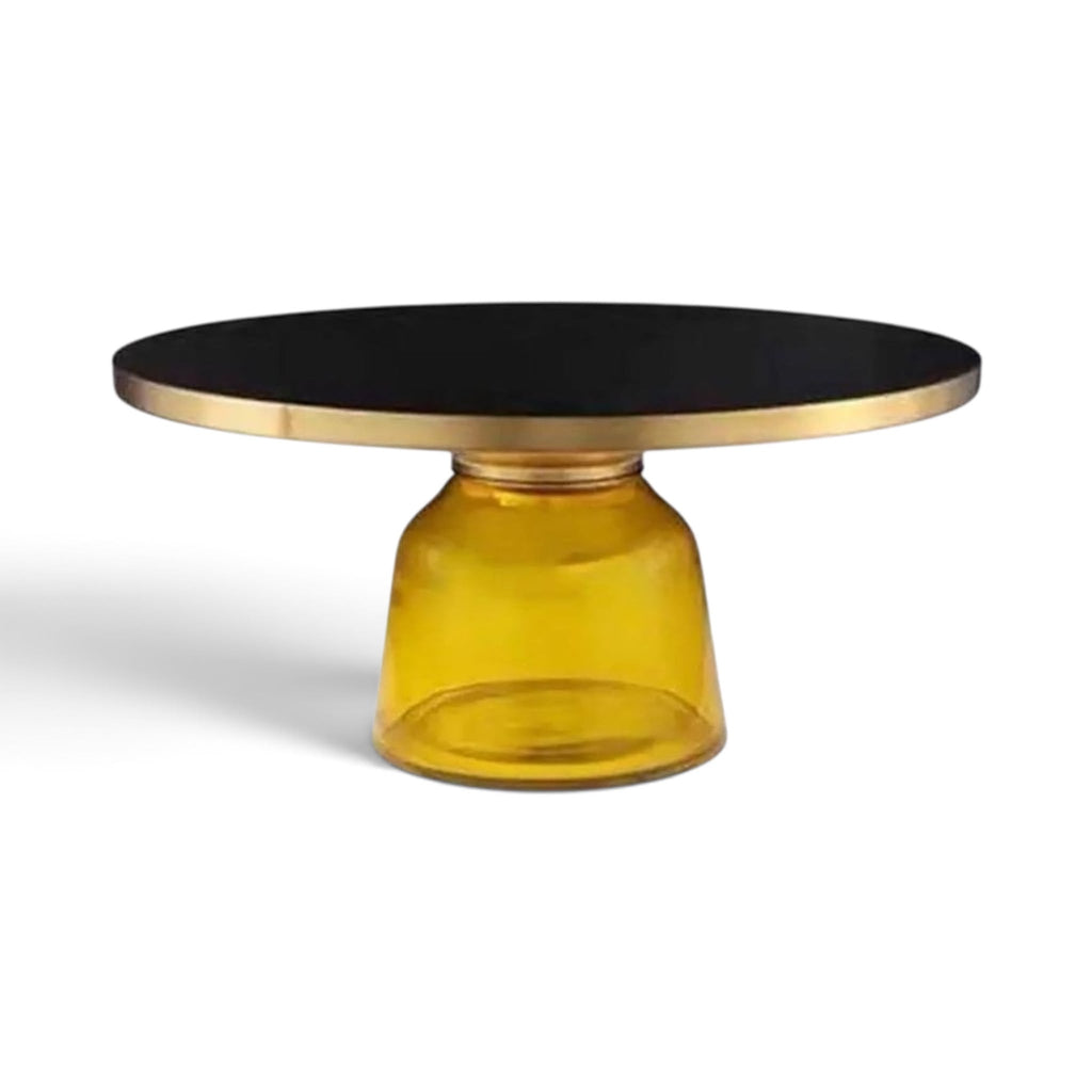 Bell Coffee Table with yellow glass base, black top and brushed gold rim