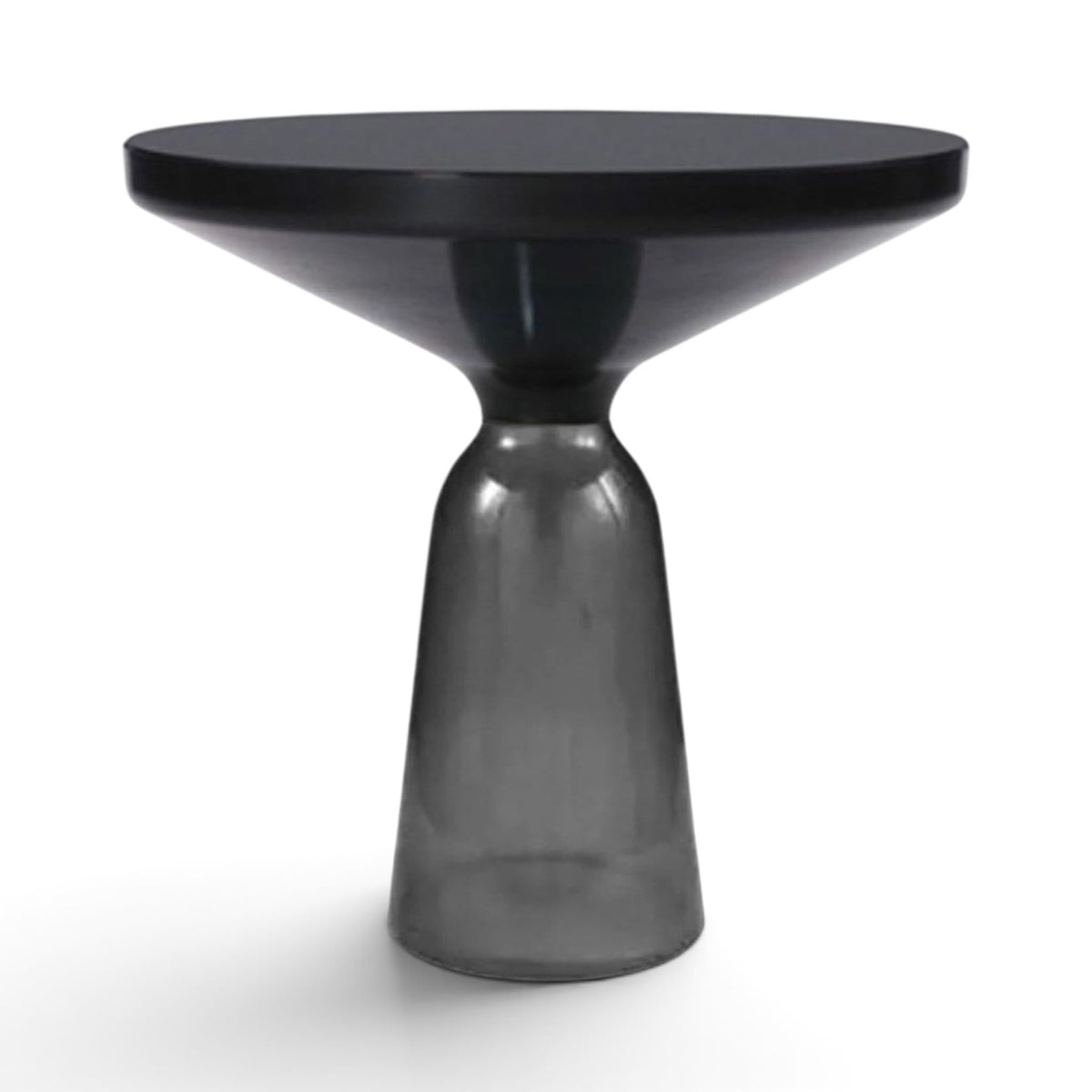 Bell Side Table with grey glass base and black top and rim - Sebastian Herkner-inspired