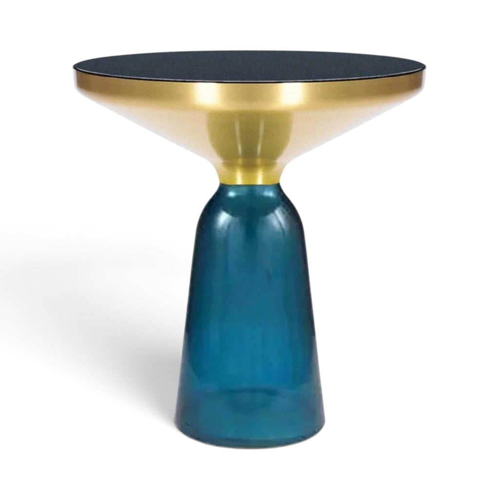 Bell Side Table with blue glass base, black top and brushed gold rim