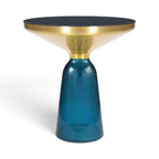 Bell Side Table with blue glass base, black top and brushed gold rim