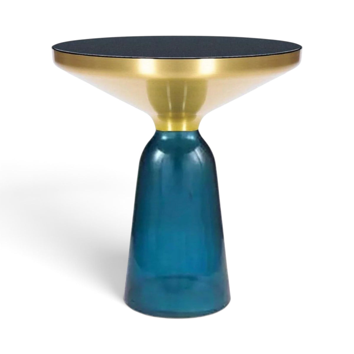Bell Side Table with blue glass base, black top and brushed gold rim